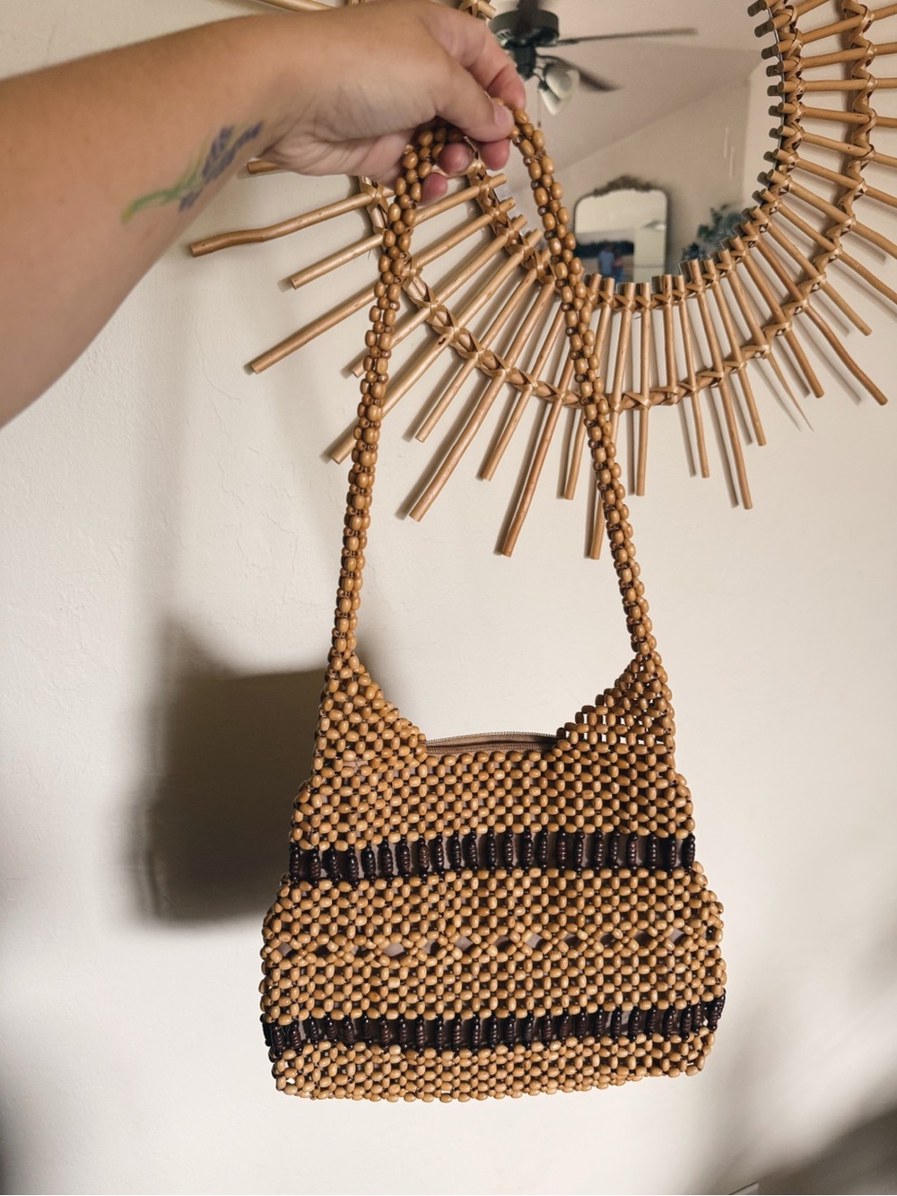Beaded Shoulder Bag in Tan with Black Accents